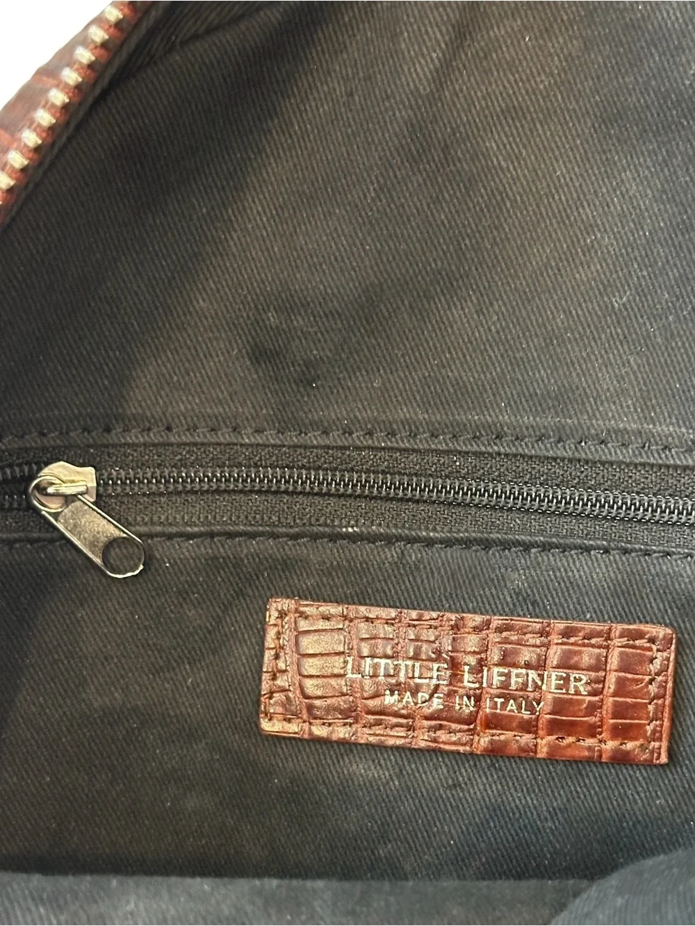 Little Liffner Croc-Embossed Leather Tambourine Circular Crossbody Cognac Brown
